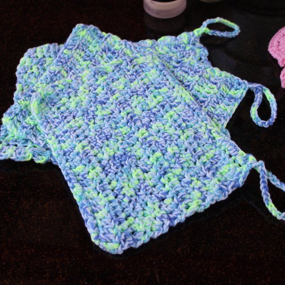 NEW 3 COTTON Washcloths Blue Green w/ Loop Hand Crafted Yarn - Picture 4 of 8